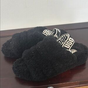 UGG Black Fuzzy Slides with Logo Strap